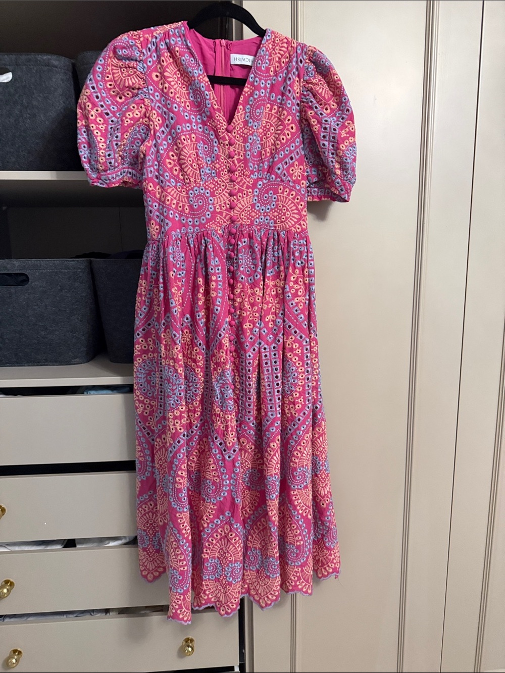 Pink Patterned Midi Dress with Puff Sleeves
